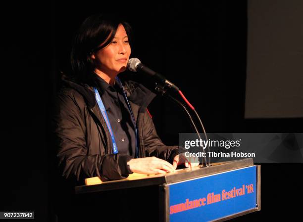 Sundance Film Festival Senior Programmer Kim Yutani speaks onstage at the "White Rabbit" and "Lazercism" Premieres during the 2018 Sundance Film...