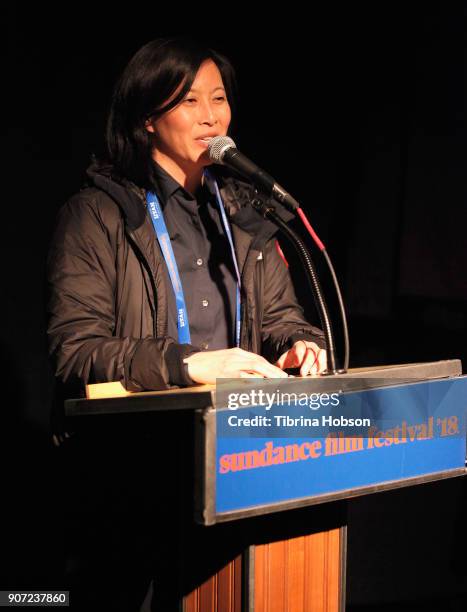 Sundance Film Festival Senior Programmer Kim Yutani speaks onstage at the "White Rabbit" and "Lazercism" Premieres during the 2018 Sundance Film...