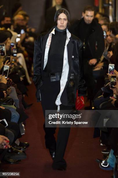 Model walks the runway during the Vetements Menswear Fall/Winter 2018-2019 show as part of Paris Fashion Week on January 19, 2018 in Saint-Ouen,...