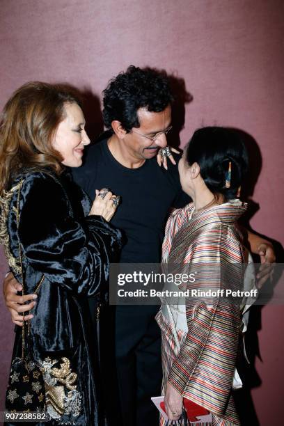 Marisa Berenson, Stylist of Berluti men, Haider Ackermann and Setsuko Klossowska de Rola pose after the Berluti Menswear Fall/Winter 2018-2019 show...