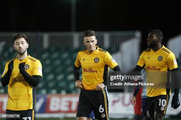 Josh Sheehan, Ben White and Frank Nouble of Newport County during the Sky Bet League Two match between Newport County and Crawley Town at Rodney...