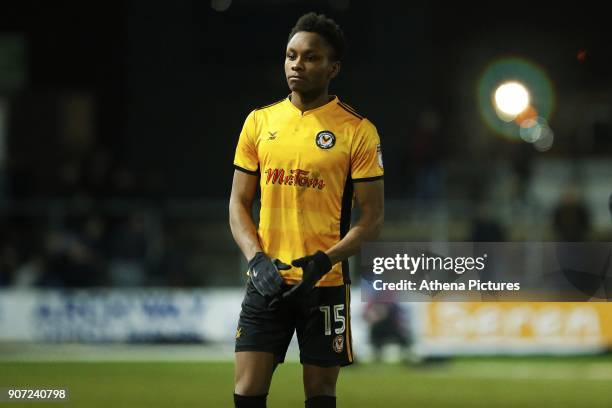 Shawn McCoulsky of Newport County after the final whistle of the Sky Bet League Two match between Newport County and Crawley Town at Rodney Parade on...