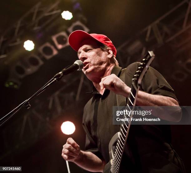 Guitarist Adrian Belew performs live on stage during the concert 'Celebrating David Bowie' at the Huxleys on January 19, 2018 in Berlin, Germany.