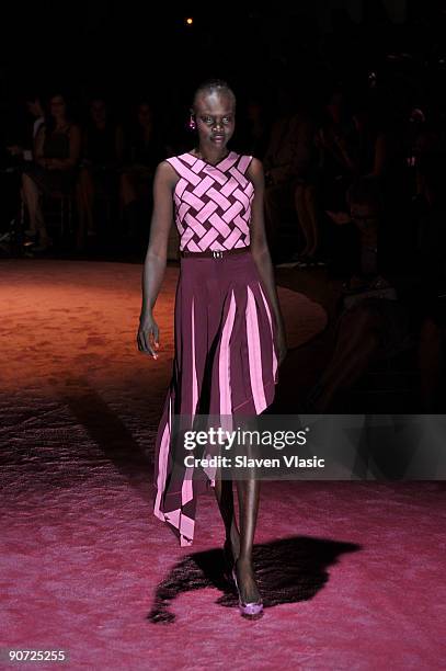 Model Alek Wek walks the runway at Zac Posen Spring 2010 fashion show at the Altman Building on September 14, 2009 in New York, New York.