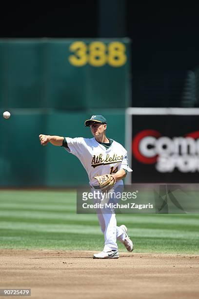 Mark Ellis of the Oakland Athletics fields during the game against the Los Angeles Angels at the Oakland Coliseum on July 19, 2009 in Oakland,...