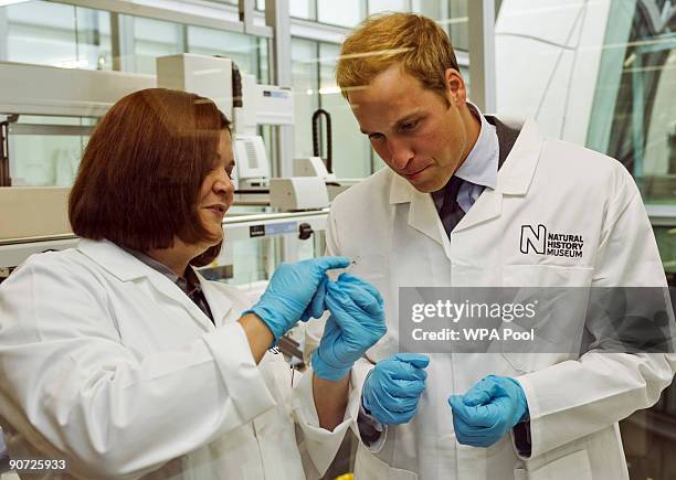 Prince William is shown DNA extraction by Dr Yvonne Linton during a visit to open The New Darwin Centre at The Natural History Museum on September...