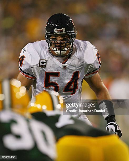 Brian Urlacher of the Chicago Bears awaits the start of play in the 1st half against the Green Bay Packers on September 13, 2009 at Lambeau Field in...