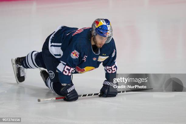 Ryan Button of Red Bull Munich before the 43th game day of the German Ice Hockey League between Red Bull Munich and Duesseldorfer EG at Olympia...