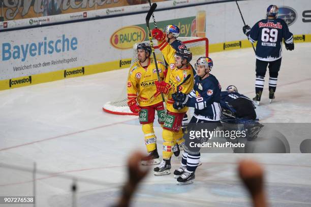 Rejoicing of Duesseldorf during the 43th game day of the German Ice Hockey League between Red Bull Munich and Duesseldorfer EG at Olympia...