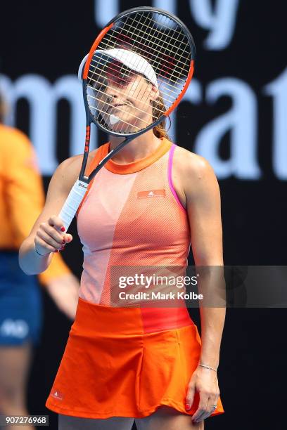 Ana Bogdan of Romania reacts in her third round match against Madison Keys of the United States on day six of the 2018 Australian Open at Melbourne...