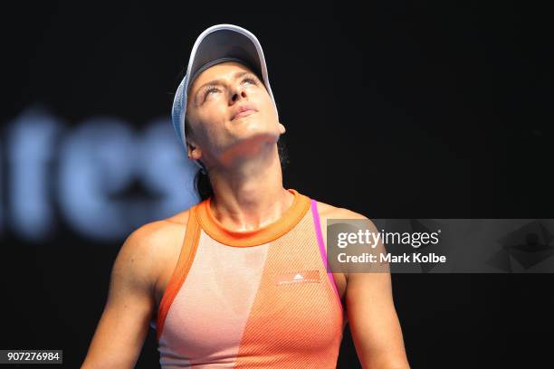 Ana Bogdan of Romania reacts in her third round match against Madison Keys of the United States on day six of the 2018 Australian Open at Melbourne...