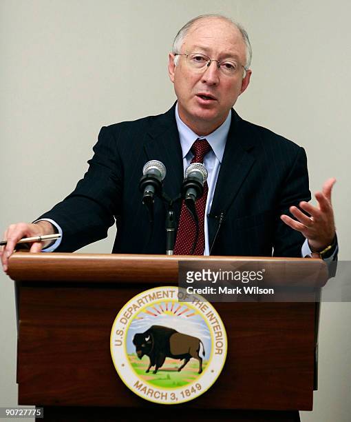 Interior Secretary Ken Salazar speaks to the media at the Department of Interior on September 14, 2009 in Washington, DC. The news conference...