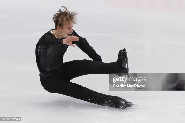 Figure skater Michal Brezina of the Czech Republic performs performs the men's free skating program at the 2018 ISU European Figure Skating...