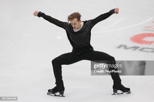 Figure skater Michal Brezina of the Czech Republic performs performs the men's free skating program at the 2018 ISU European Figure Skating...