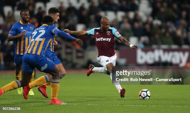 West Ham United's Andre Ayew with a shot in the 2nd half during The Emirates FA Cup Third Round Replay match between West Ham United and Shrewsbury...