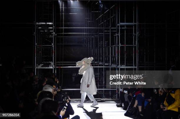 Model walks the runway during the Comme Des Garcons Homme Plus Menswear Fall/Winter 2018-2019 show as part of Paris Fashion Week on January 19, 2018...