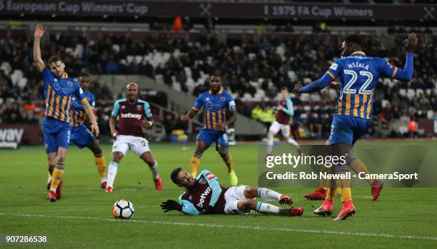 During The Emirates FA Cup Third Round Replay match between West Ham United and Shrewsbury Town at London Stadium on January 16, 2018 in London,...