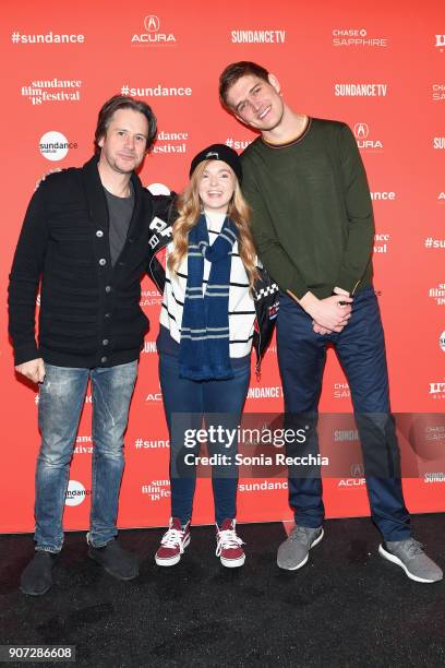 Actors Josh Hamilton,and Elsie Fisher, with Comedian and director Bo Burnham attend the "Eighth Grade" Premiere during 2018 Sundance Film Festival at...