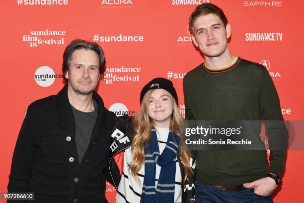 Actors Josh Hamilton,and Elsie Fisher, with Comedian and director Bo Burnham attend the "Eighth Grade" Premiere during 2018 Sundance Film Festival at...