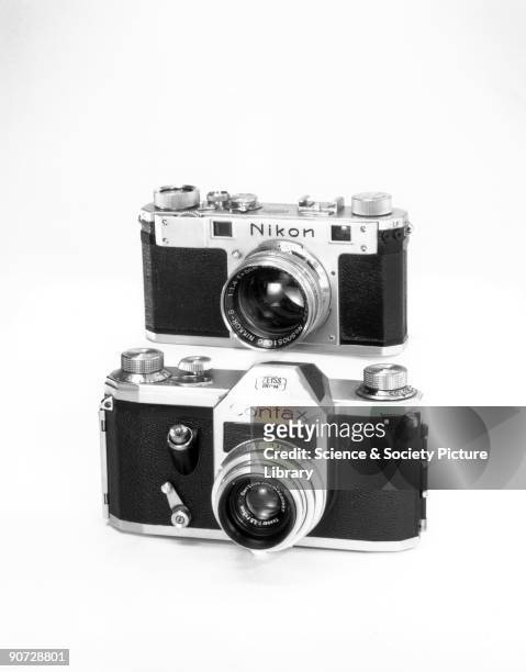 Nikon 'Rangefinder' camera, c 1951. This 35 millimetre single lens reflex camera was made by Nippon Kogaka, Japan. Also shown is the Contax 'S' 35...