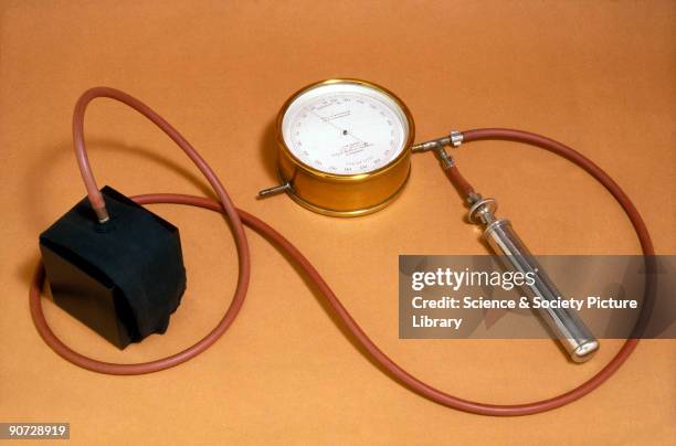 This apparatus was devised by Leonard Hill and Harold Barnard, and was produced by J Hicks, London. A rubber cuff was inflated above the elbow to...