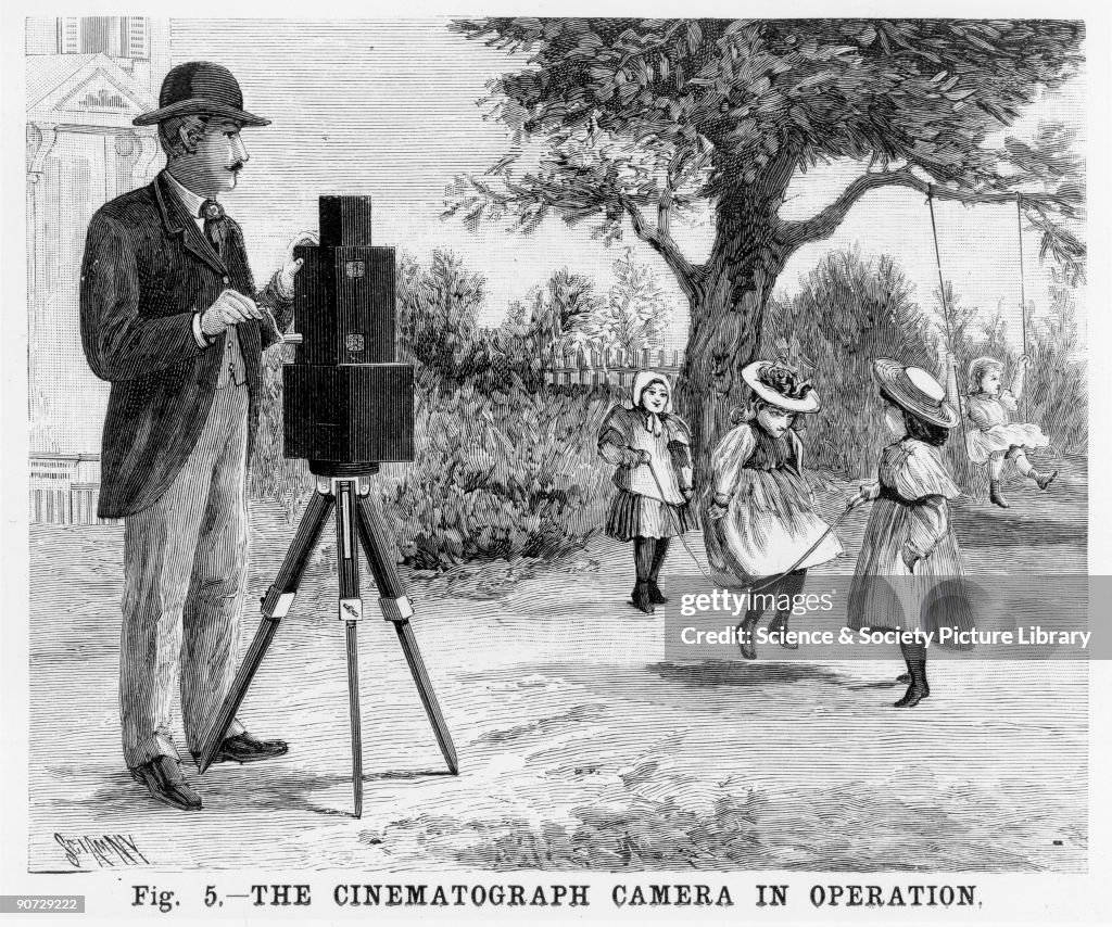 Lumiere cinematographe in operation, c 1897.