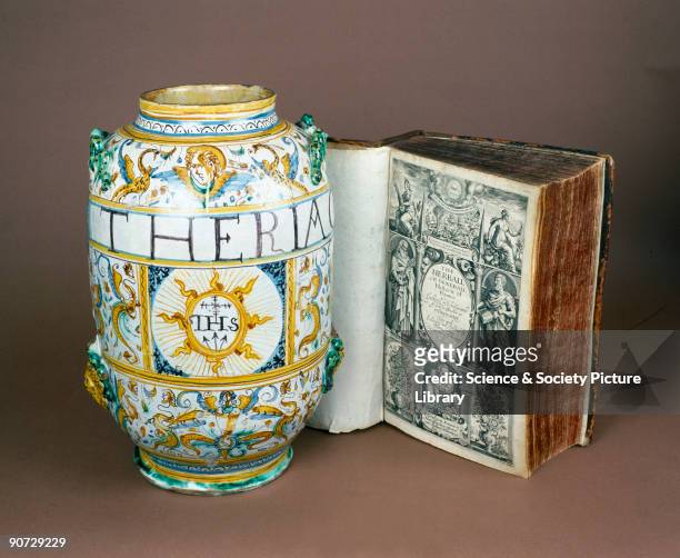 The tin-glazed earthenware drug jar is from Rome or Deruta, and was used by the Jesuits and intended for storing theriac. Theriac was an electuary...