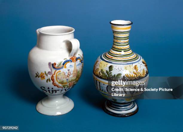 Two pharmacy jars, one French, one Italian. The Italian jar, right, was made at Castelli, Abruzzi. It is labelled as containing aqua lilibarum...