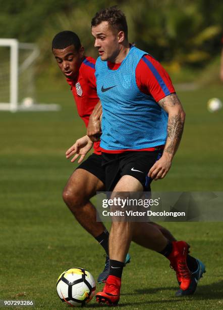 Jordan Morris paces the ball on the attack against Tyler Adams of the US Men's National Soccer Team during training at StubHub Center on January 16,...