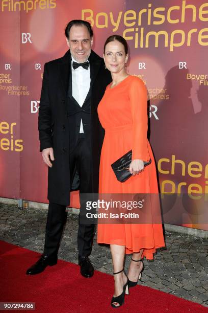 German actor Thomas Loibl and German actress Claudia Michelsen attend the Bayerischer Filmpreis 2017 at Prinzregententheater on January 21, 2018 in...