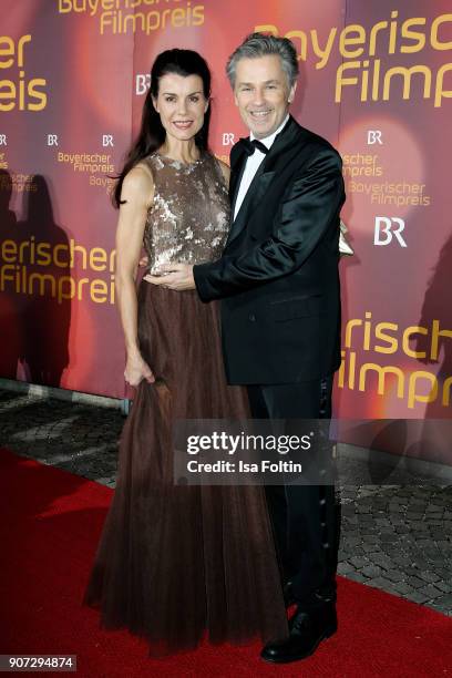 German actor Timothy Peach and his wife Nicola Tiggeler attend the Bayerischer Filmpreis 2017 at Prinzregententheater on January 21, 2018 in Munich,...