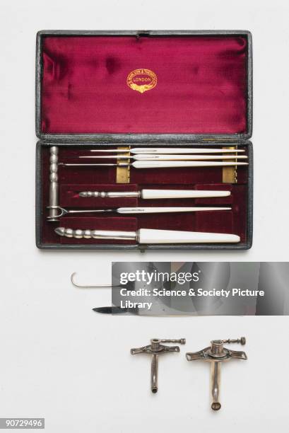 Complete set of metal and ivory instruments in a leather case, made by S Maw, Son and Thompson of London. The instruments consist of scalpels and...