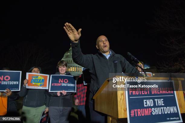 Senator Cory Booker speaks at a rally outside the US Capital on January 19, 2018 in Washington, DC. A continuing resolution to fund the government...