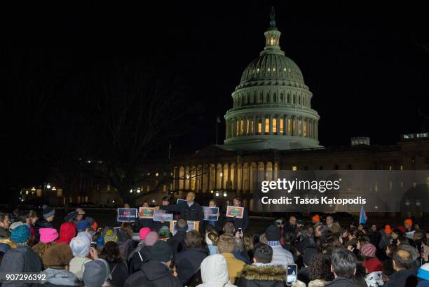 Senator Cory Booker speaks at a rally outside the US Capital on January 19, 2018 in Washington, DC. A continuing resolution to fund the government...