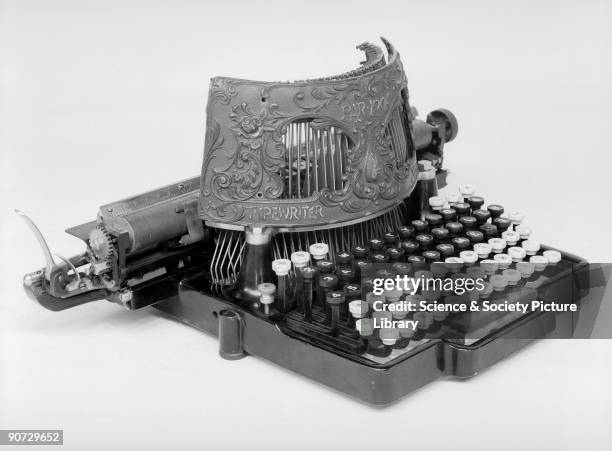 Bar-lock typewriter, 1889. Designed by Charles Spiro, a New York watchmaker, this was one of the first typewriters that allowed its user to see what...