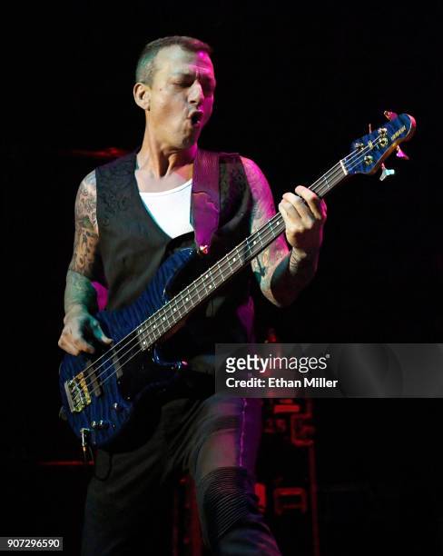 Bassist Craig Martini performs wtih guitarist Phil Collen as part of the G3 concert tour at Brooklyn Bowl Las Vegas at The Linq Promenade on January...