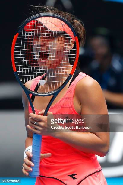 Lauren Davis of the United States reacts in her third round match against Simona Halep of Romania on day six of the 2018 Australian Open at Melbourne...