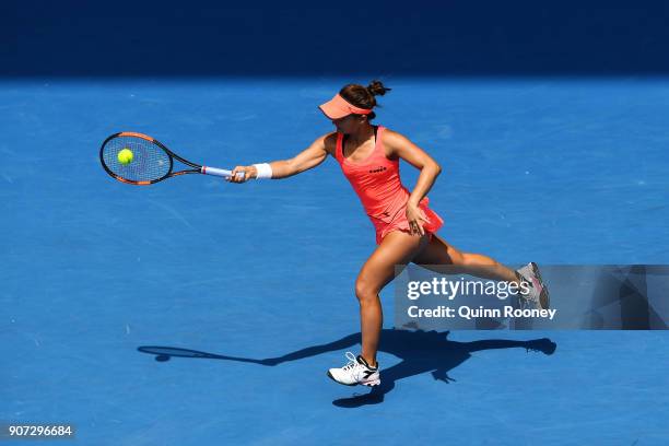 Lauren Davis of the United States plays a forehand in her third round match against Simona Halep of Romania on day six of the 2018 Australian Open at...