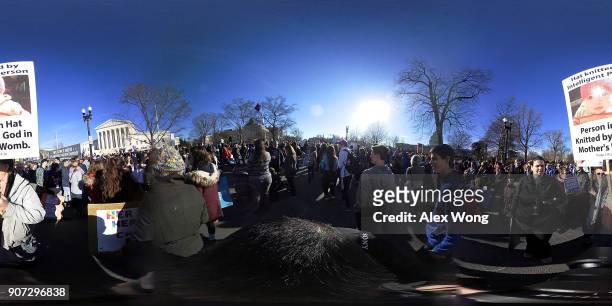 Pro-life activists participate in the 2018 March for Life as they pass in front of the U.S. Supreme Court January 19, 2018 in Washington, DC....