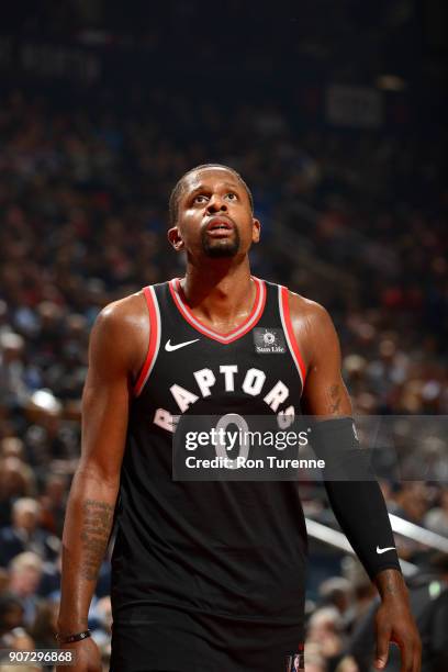 Miles of the Toronto Raptors looks on during the game against the San Antonio Spurs on December 5, 2017 at the Air Canada Centre in Toronto, Ontario,...