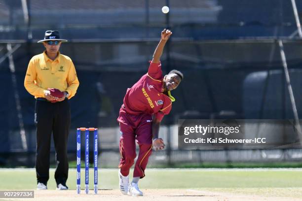 Jarion Hoyte of the West Indies bowls during the ICC U19 Cricket World Cup match between the West Indies and Kenya at Lincoln Oval on January 20,...