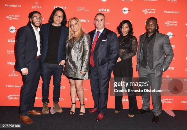 Pedro Hernandez, filmmaker Stephen Maing, Jessica Perez, Manny Gomez, Felicia Whitely, and Edwin Raymond attend the "Crime And Punishment" Premiere...