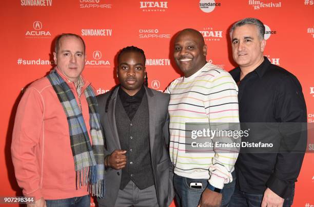 Edward Mullins, Edwin Raymond, Edmund Small, and Vincent Vallelong attend the "Crime And Punishment" Premiere during the 2018 Sundance Film Festival...