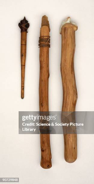 Replica drills used by Dr T W Perry for experiments in neolithic trepanning. Made between 1930 and 1970. The drills have smooth wooden shafts and...