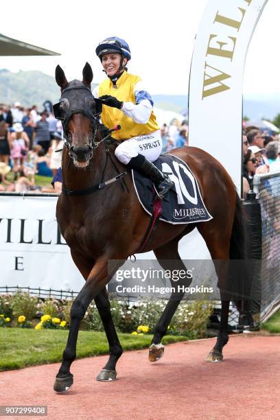 Stolen Dance, ridden by Sam Spratt, retuns to scale after winning the Harcourts Thorndon Mile during Wellington Cup Day at Wellington Racing Club on...