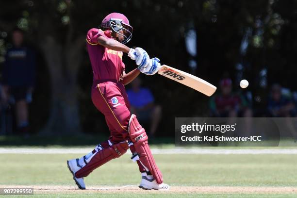 Alick Athanaze of the West Indies bats during the ICC U19 Cricket World Cup match between the West Indies and Kenya at Lincoln Oval on January 20,...