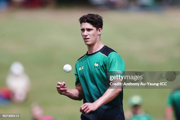 Ben Wheeler of the Stags warms up prior to the Super Smash Grand Final match between the Knights and the Stags at Seddon Park on January 20, 2018 in...