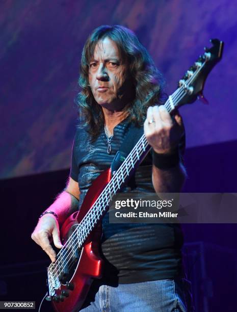 Bassist Dave LaRue performs with guitarist John Petrucci as part of the G3 concert tour at Brooklyn Bowl Las Vegas at The Linq Promenade on January...