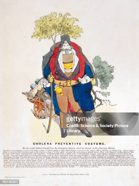 Coloured lithograph published by T McClean during a cholera epidemic and showing a man wearing a bulky costume made of useless preventatives,...