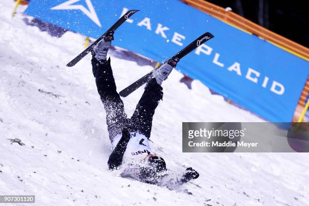 Mac Bohonnon of the United States crashes in the Final round during the Putnam Freestyle World Cup at the Lake Placid Olympic Ski Jumping Complex on...